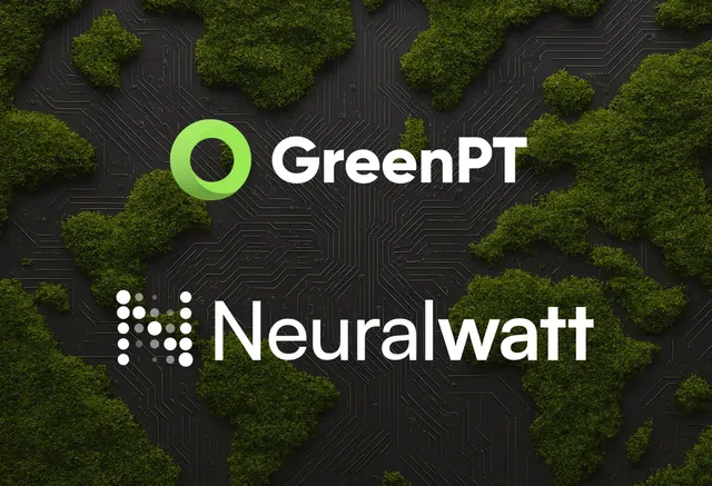 GreenPT and Neuralwatt partnership announcement graphic on a dark sustainability-themed background.