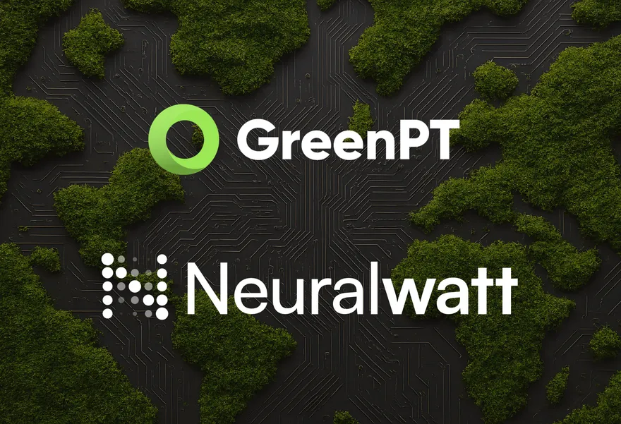 GreenPT and Neuralwatt partnership announcement graphic on a dark sustainability-themed background.