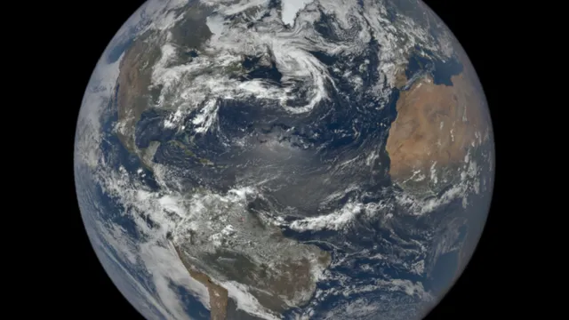 Earth seen across the Atlantic, with North America on the left and Europe on the right, photographed by NASA’s DSCOVR EPIC camera.