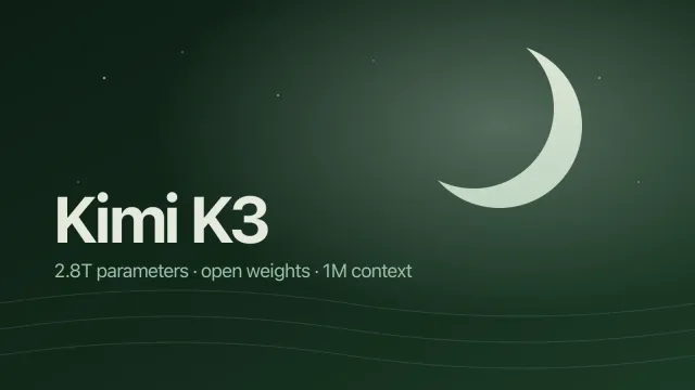 Abstract illustration of a crescent moon over a green gradient with the Kimi K3 wordmark.