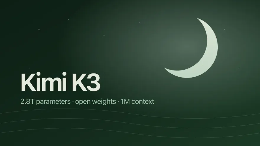 Abstract illustration of a crescent moon over a green gradient with the Kimi K3 wordmark.