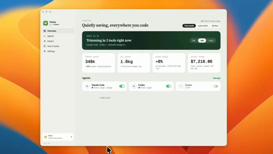 The Honey for Mac overview screen showing tokens saved, CO2 saved, and actual spend, with Claude Code and Codex toggled on.