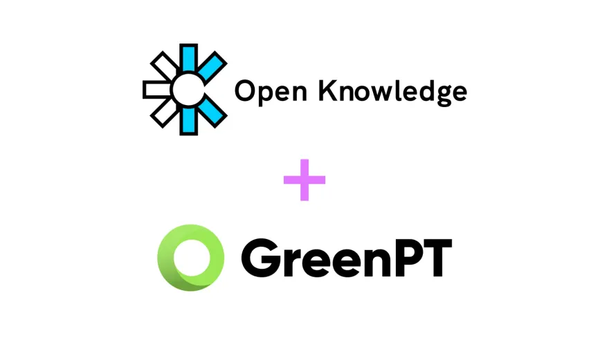 The Open Knowledge Foundation logo and the GreenPT logo, joined by a plus sign, marking the partnership between the two organisations.