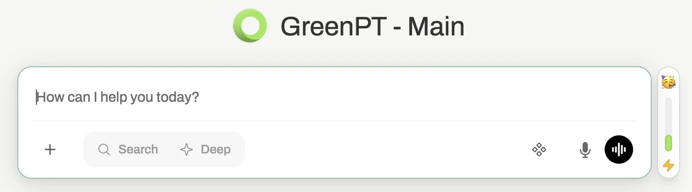 GreenPT chat input field with a vertical energy indicator on the right edge showing a party emoji at the top, a green bar in the middle, and a lightning bolt at the bottom